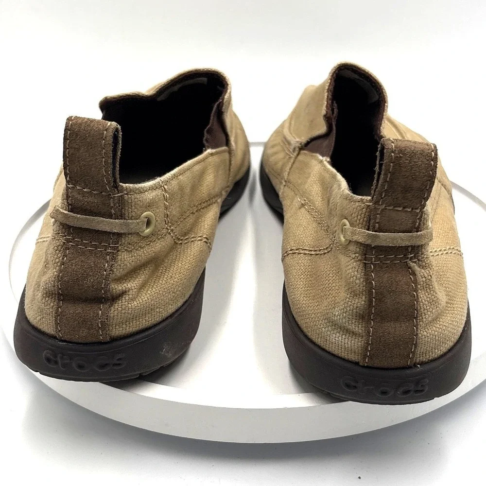 Crocs Santa Cruz Mens Khaki Canvas Slip On Loafers Size M12 Tan 11270